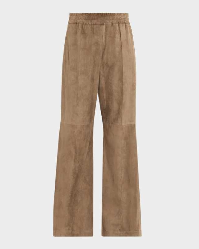Suede Wide-Leg Pull-On Trousers